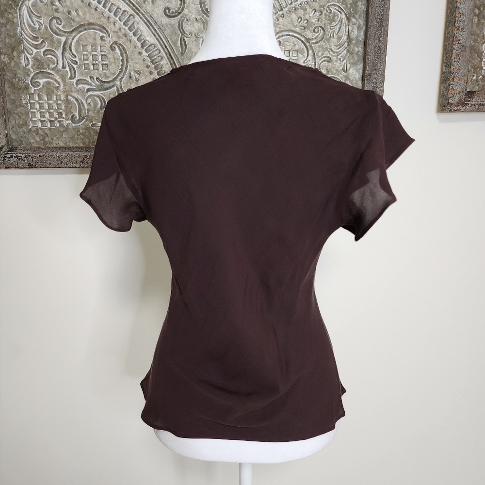Sunny Leigh Y2K Chocolate & Pink 100% Silk Rosette Top Med Dainty 2000's Retro - Picture 7 of 9
